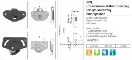 Tolóajtó szerelvény SL02+SL03 excenteres görgő 30mm Teherb.:20kg Barna