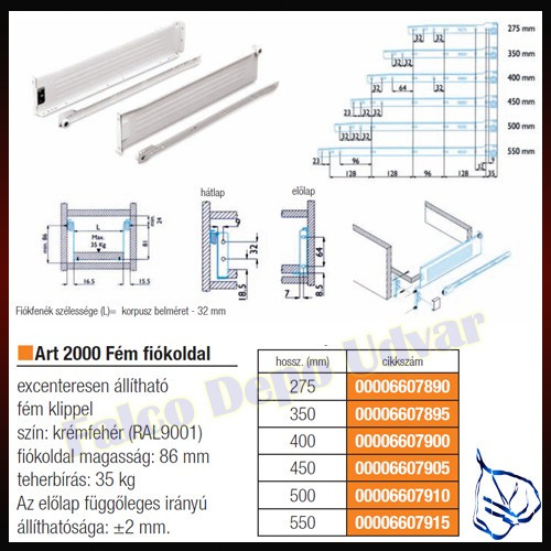 Fiókcsúszó 500mm ART 2000 fém fiókoldal Krémfehér - KIFUTÓ!
