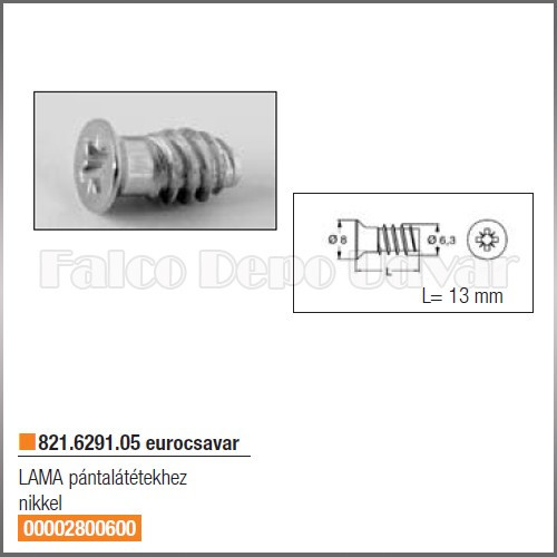 Bútorpánt 821.6291.05 Eurocsavar 6,3x13mm Nikkel